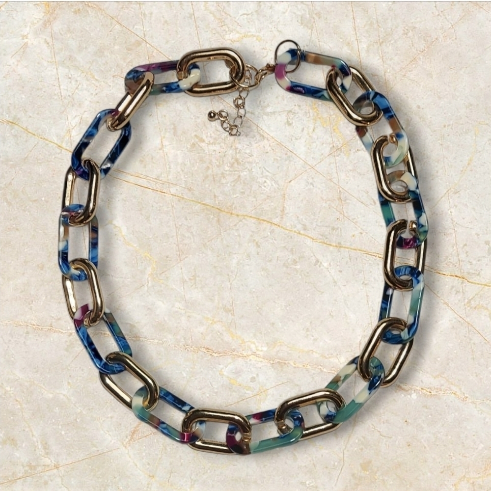 NWT NADINE WEST Confetti Acrylic Gold Chain Link Necklace ~23"